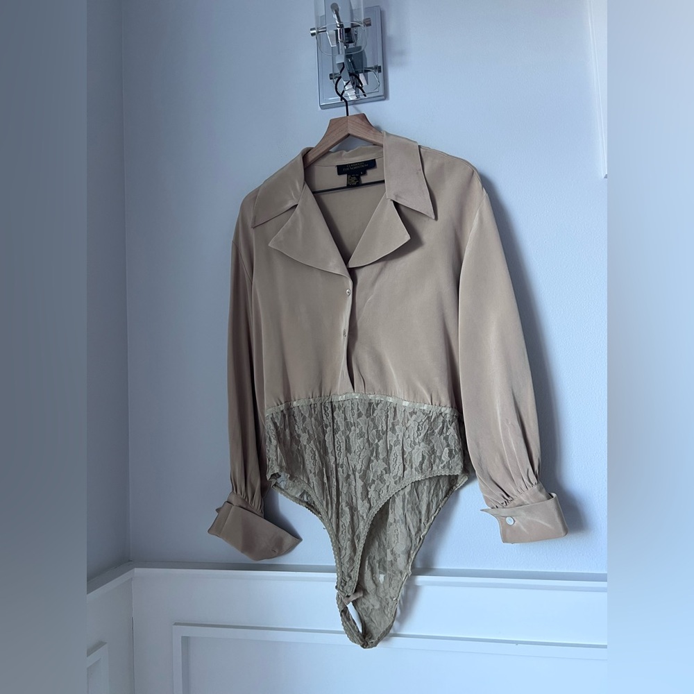 Beige Lace Women's  vintage 100% silk  bodysuit size L